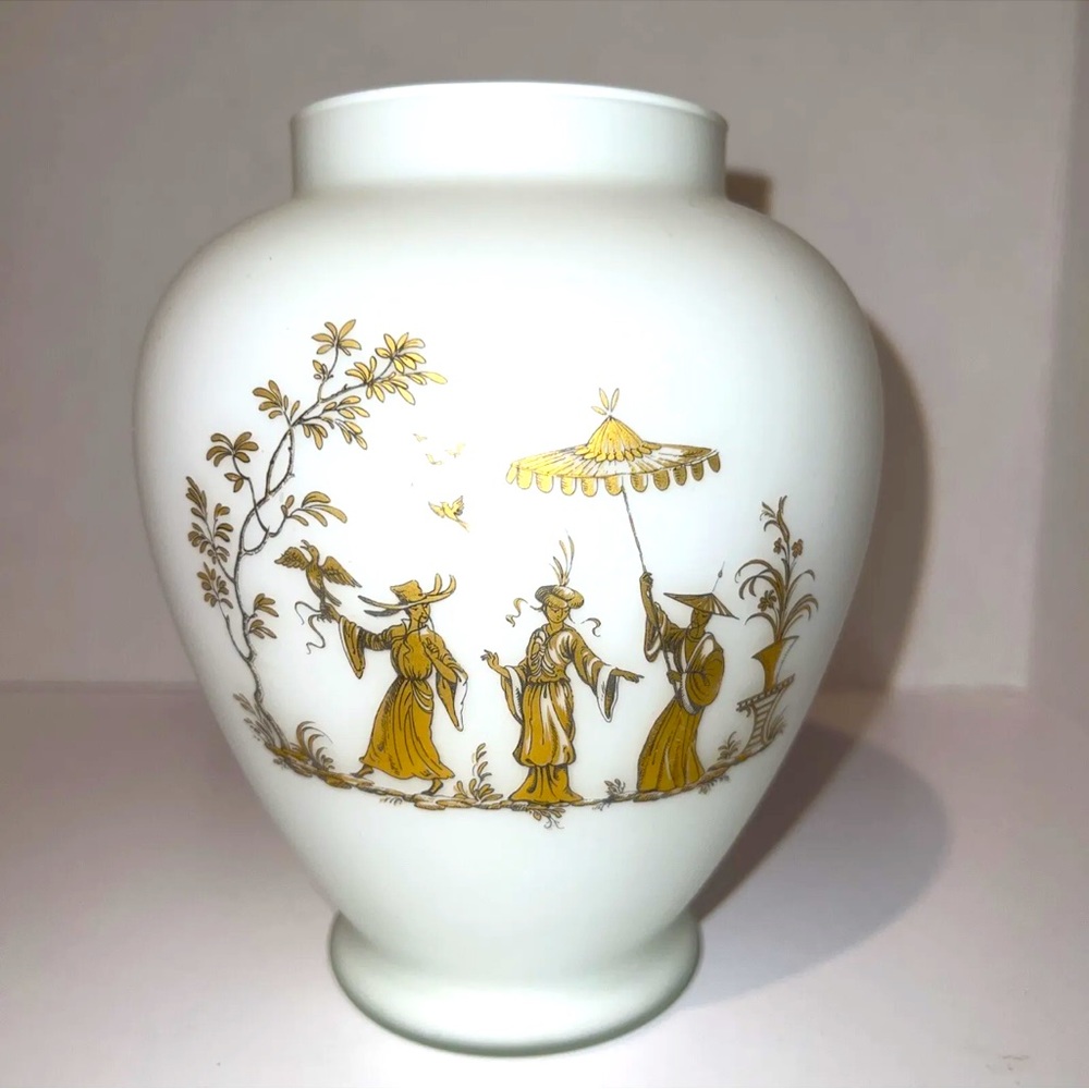 White frosted art glass Vase with Asian pictorial design